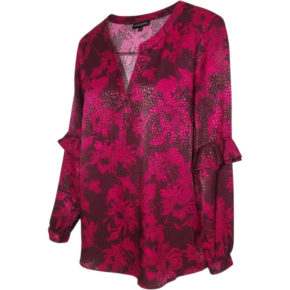 Women Magenta Burgundy Floral Snakeskin Ruffle Sleeve Blouse Top 18/20
